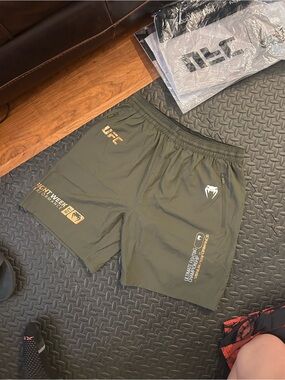 UFC Olive Green Athletic Training Shorts with Gold Accents